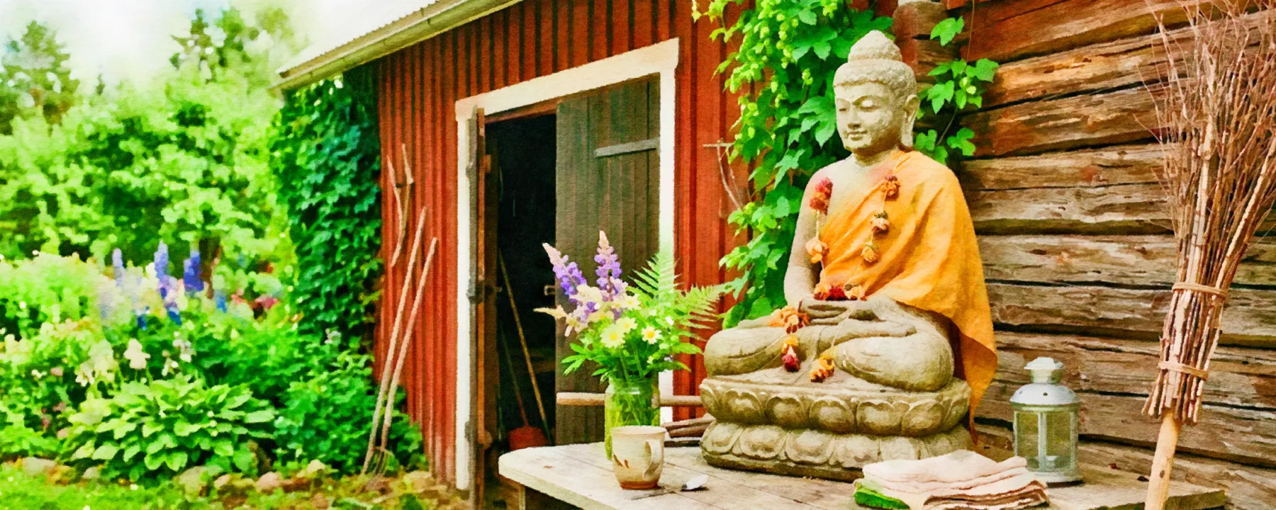 Illustration of a garden Buddha in front of a red barn