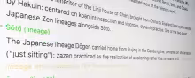 Text on a screen showing Japanese Zen traditions.